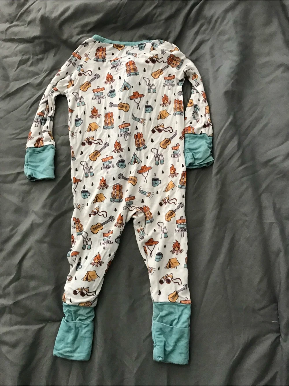 Camping-Print Footie Pajamas with Teal Trim BAMBOO PJS